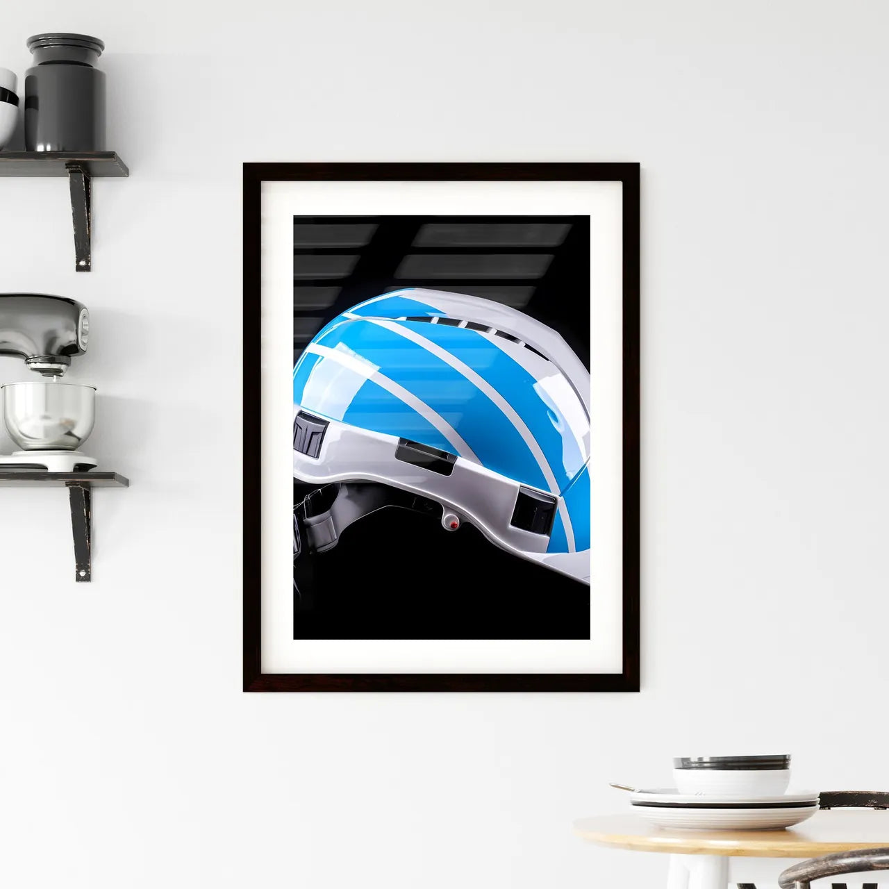 A white and blue construction hard hat - Art Framed Print