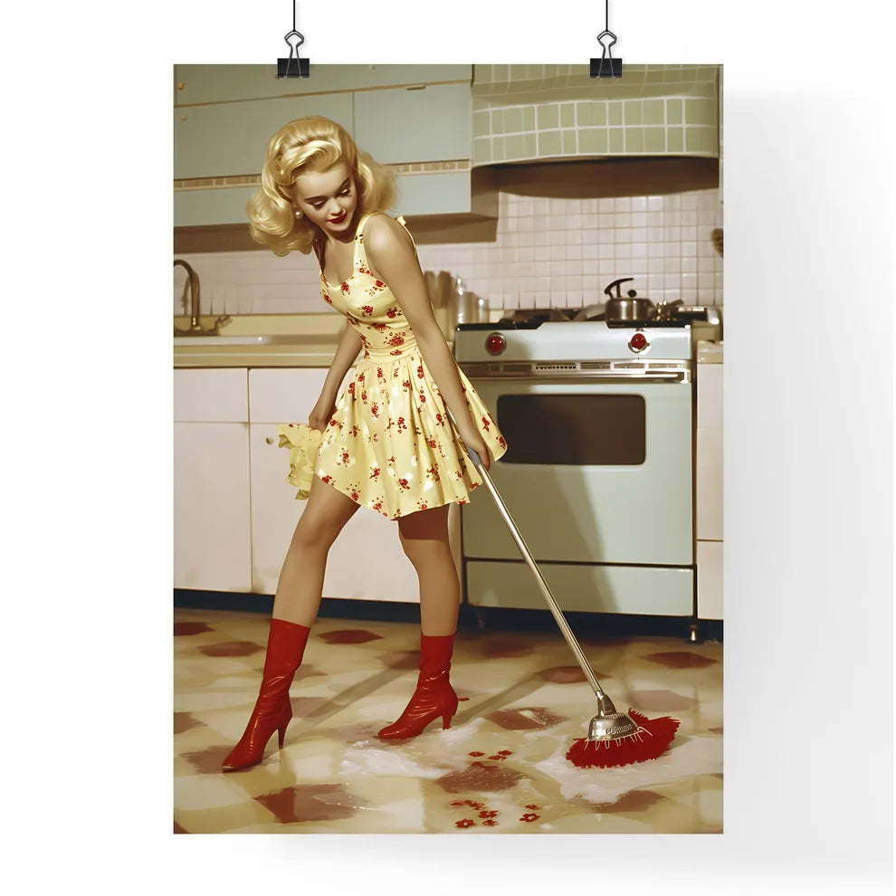 A housewife in a beautiful outfit is cleanin Poster