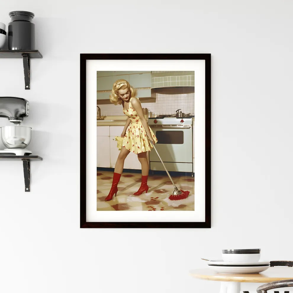 A housewife in a beautiful outfit is cleanin Framed Print