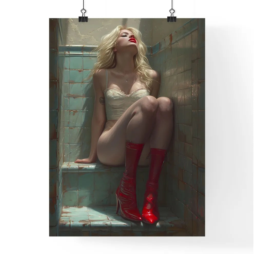Blonde pin up girl in stockings with red hig Poster