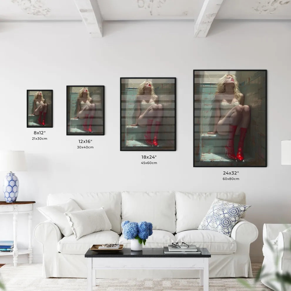 Blonde pin up girl in stockings with red hig - Kitchen Hangings