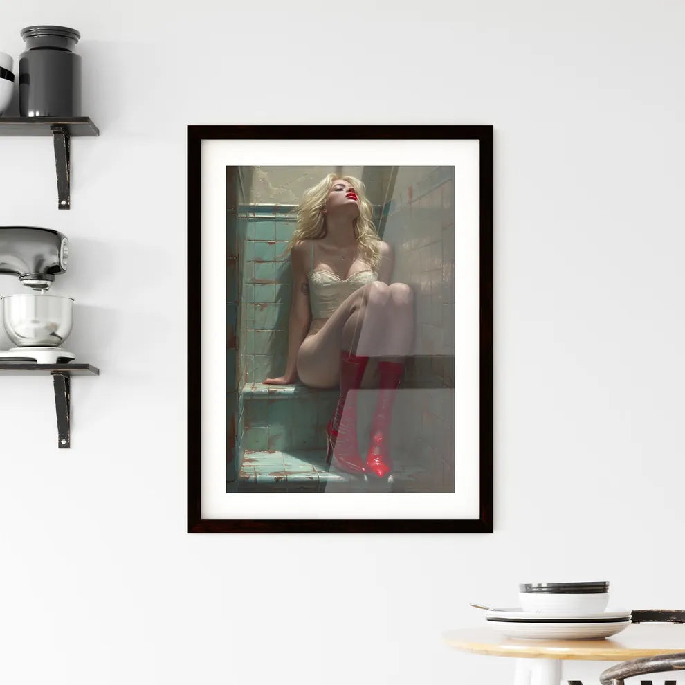 Blonde pin up girl in stockings with red hig Framed Print