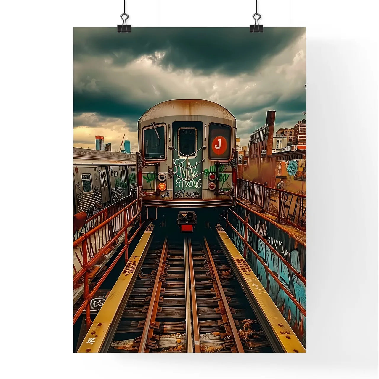 A new york train with the words spray painte Poster