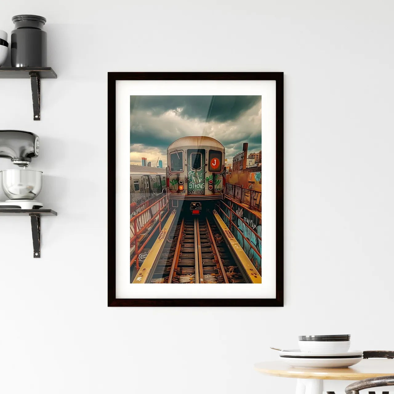 A new york train with the words spray painte Framed Print