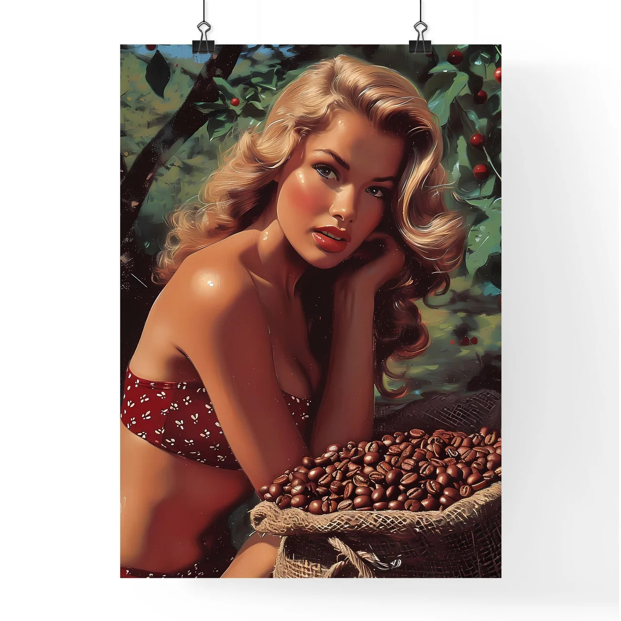 The vintage pin up Coffee girl isolated on w Poster