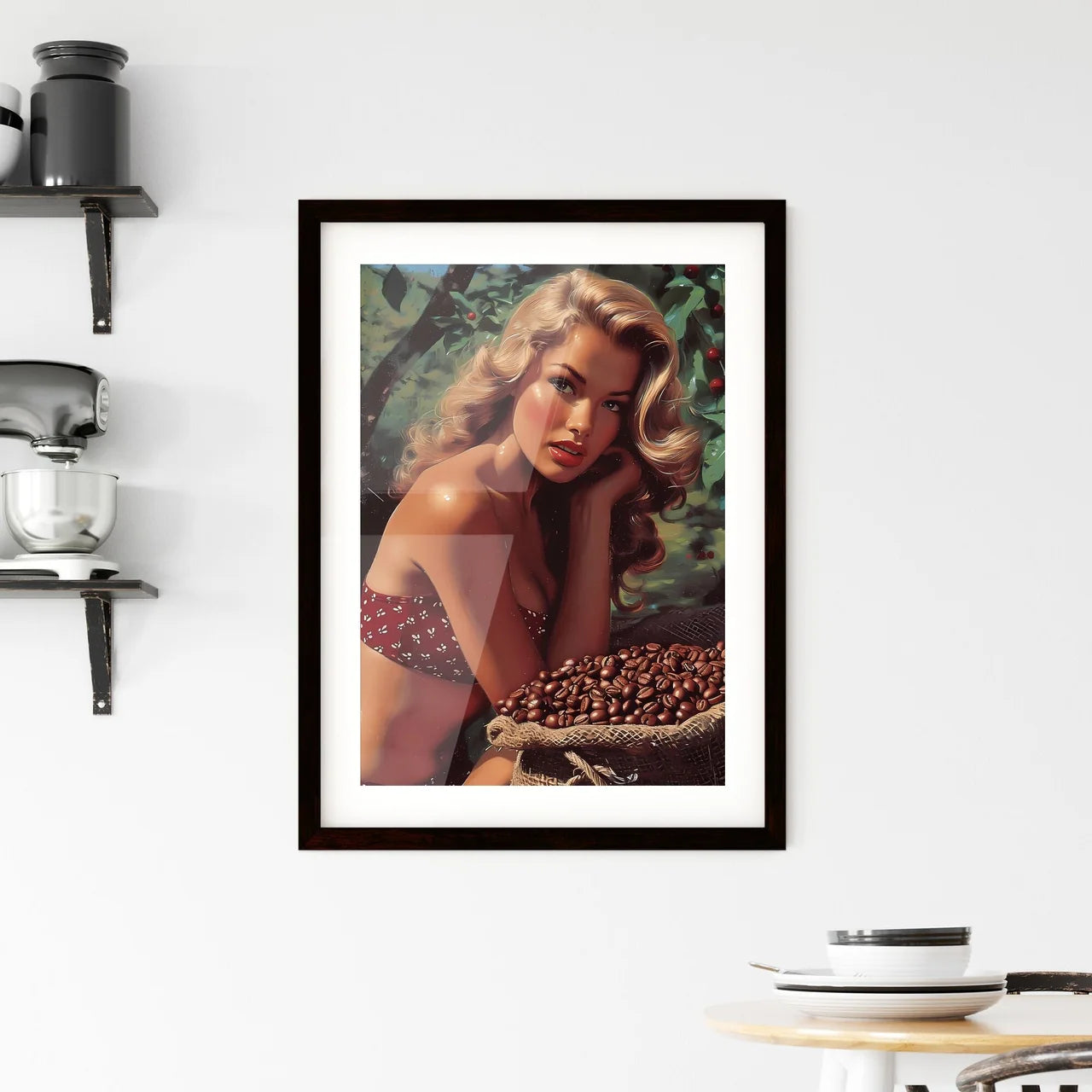 The vintage pin up Coffee girl isolated on w Framed Print