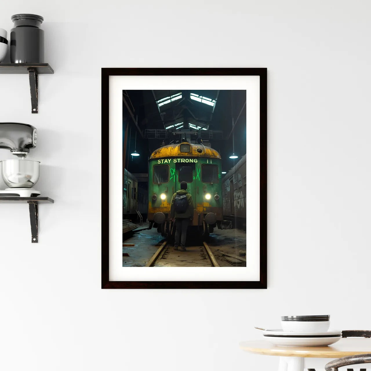 A new york train with the words spray painte Framed Print