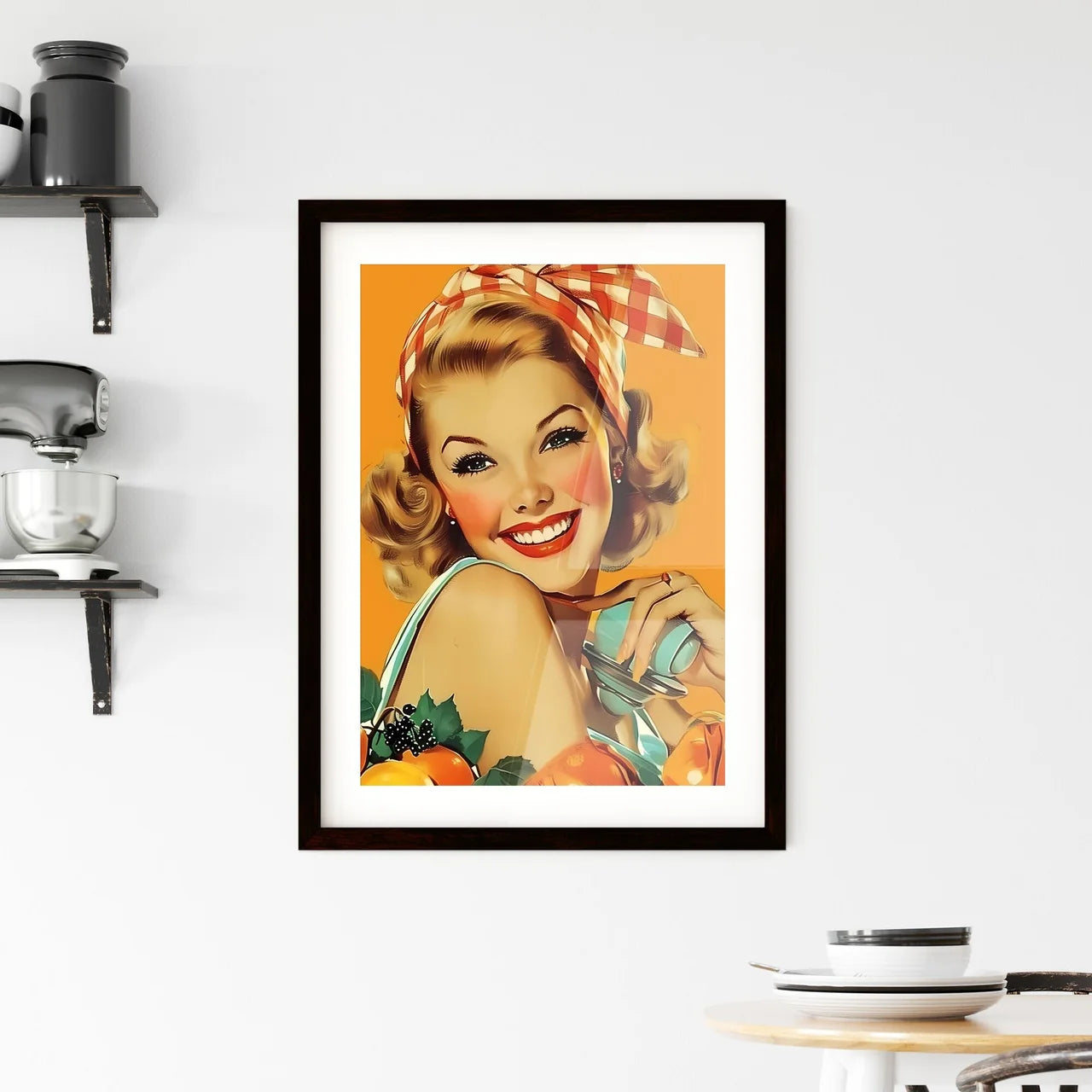 A housewife in a beautiful outfit is cleanin Framed Print