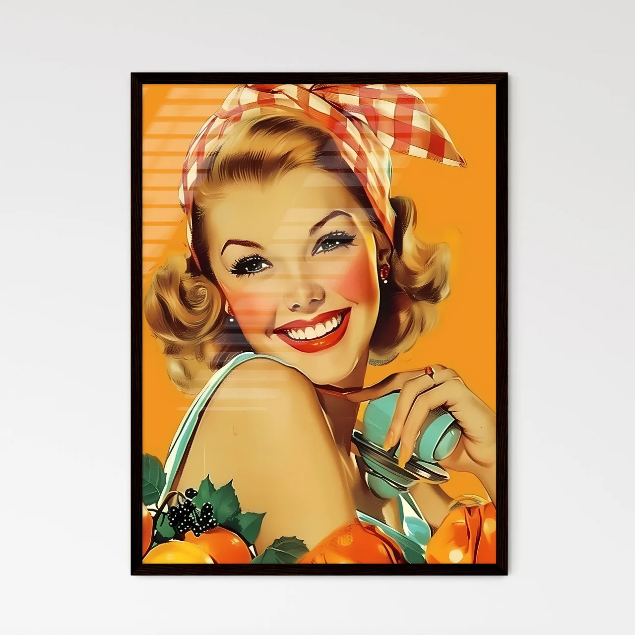 A housewife in a beautiful outfit is cleanin - Framed Art Print