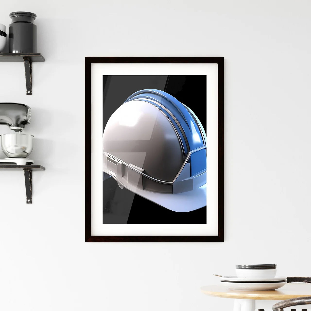 A white and blue construction hard hat - Art Framed Print