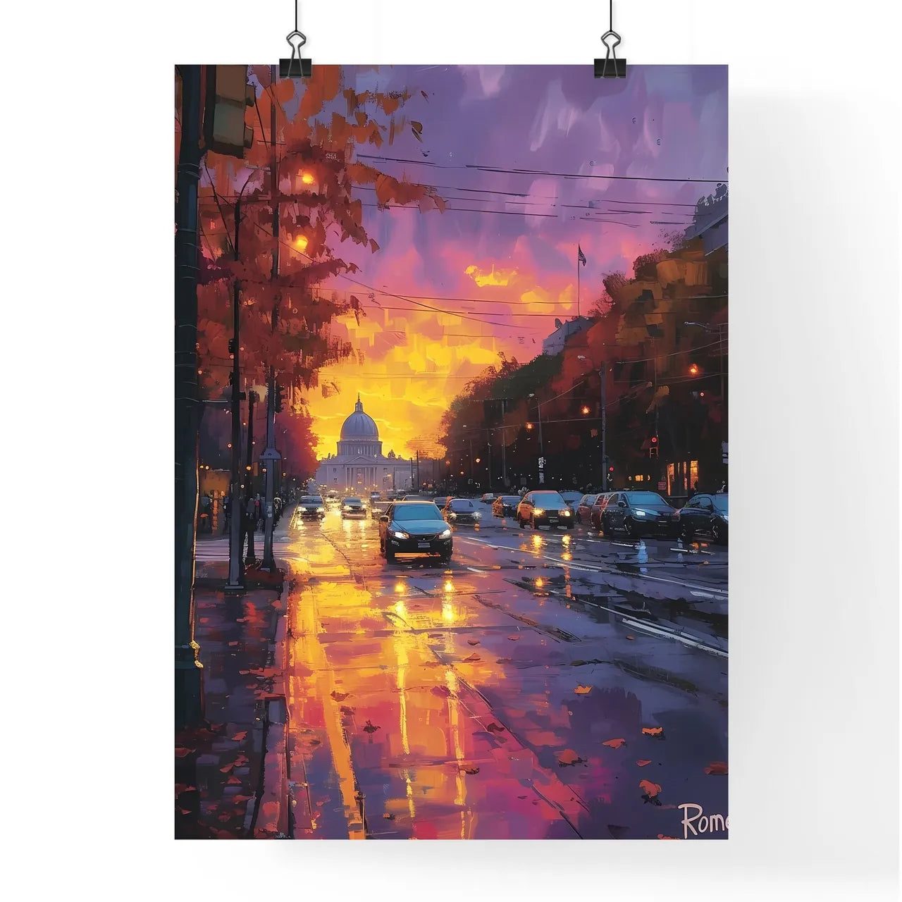 Poster of Rome - Art print of a street with cars and a dome in the background Poster