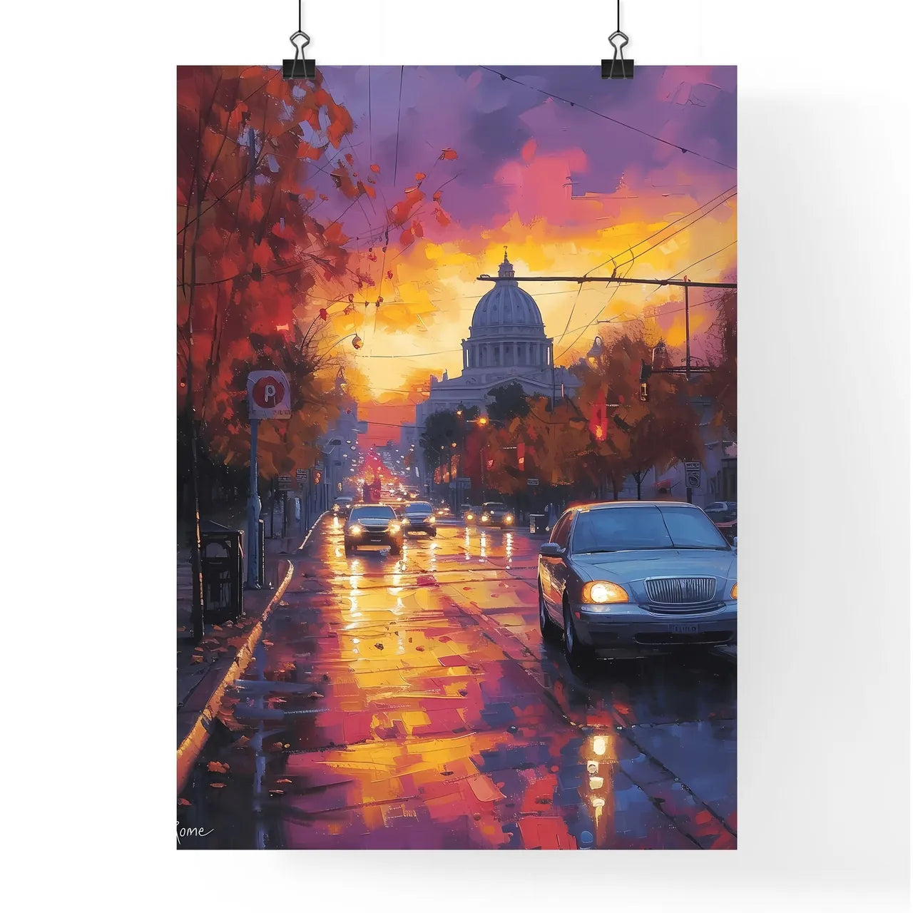 Poster of Rome - Art print of a street with cars and a building in the background Poster