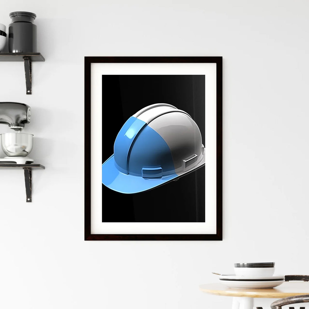 A white and blue construction hard hat - Art Framed Print