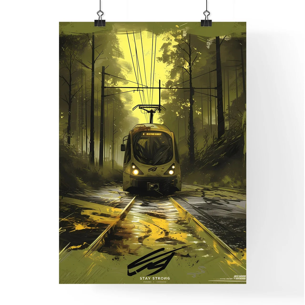 A new york train with the words spray painted STAY STRONG on it in eletric lime green, vintage poster design - Art print of a train on the tracks Poster