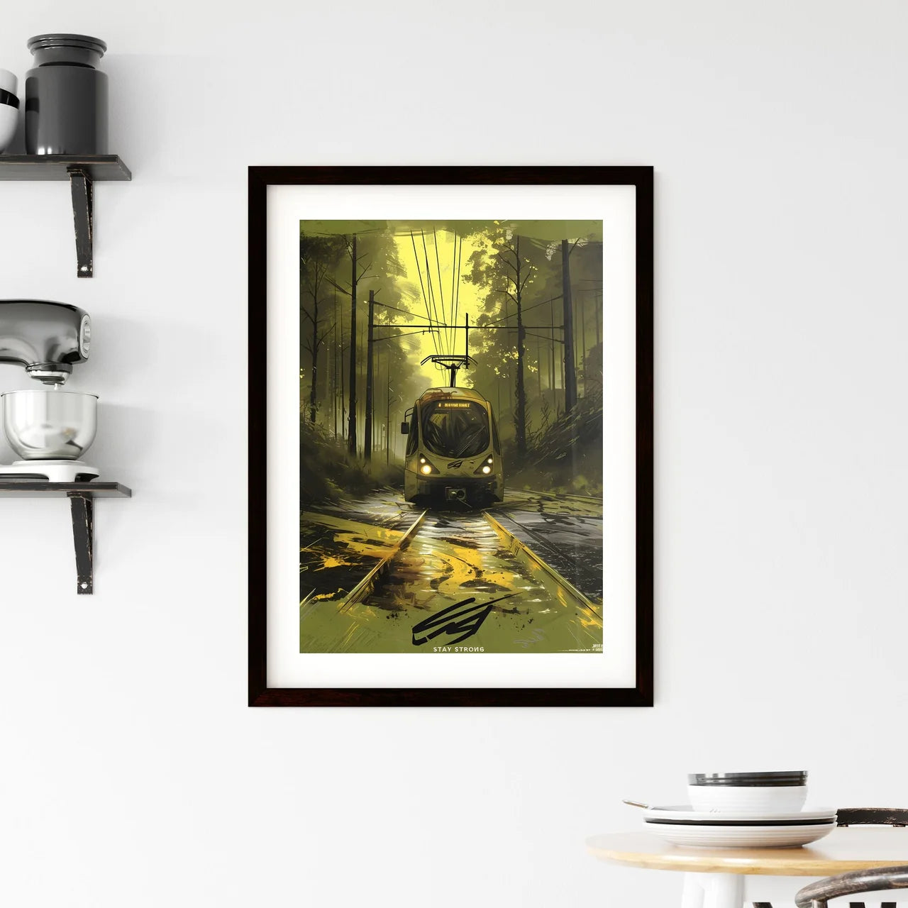 A new york train with the words spray painted STAY STRONG on it in eletric lime green, vintage poster design - Art print of a train on the tracks Custom Print