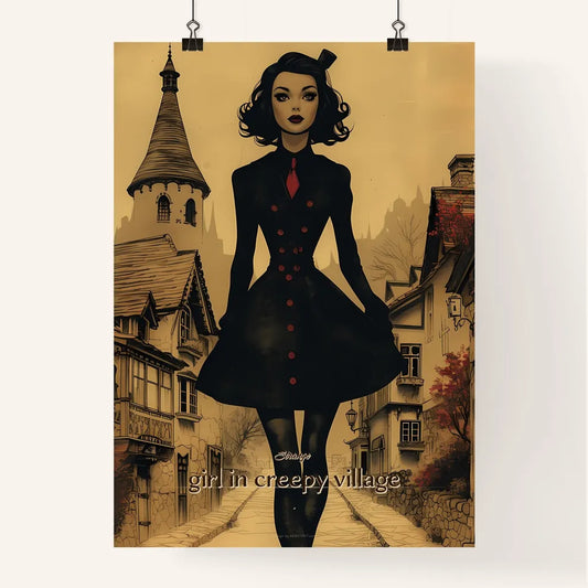 Strange, girl in creepy village, A Poster of a woman in a black coat walking down a street Poster