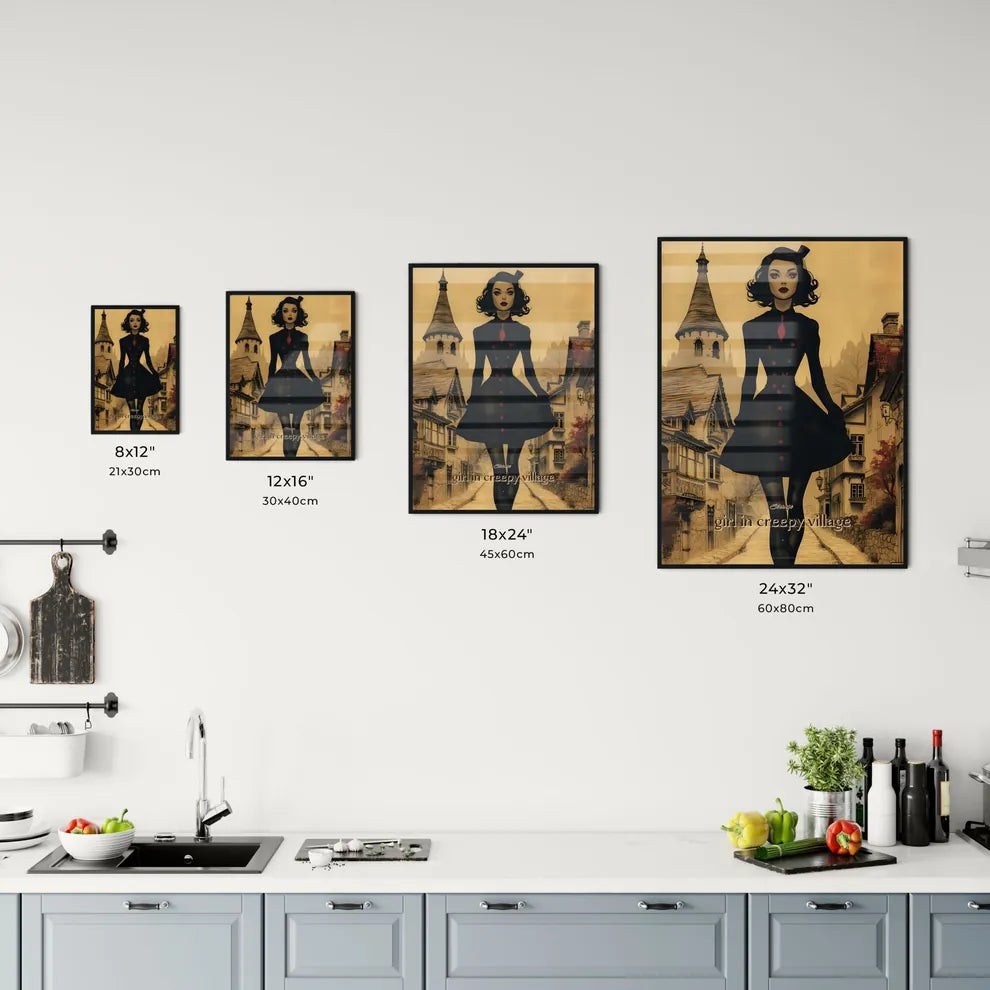 Strange, girl in creepy village, A Poster of a woman in a black coat walking down a street Size Chart