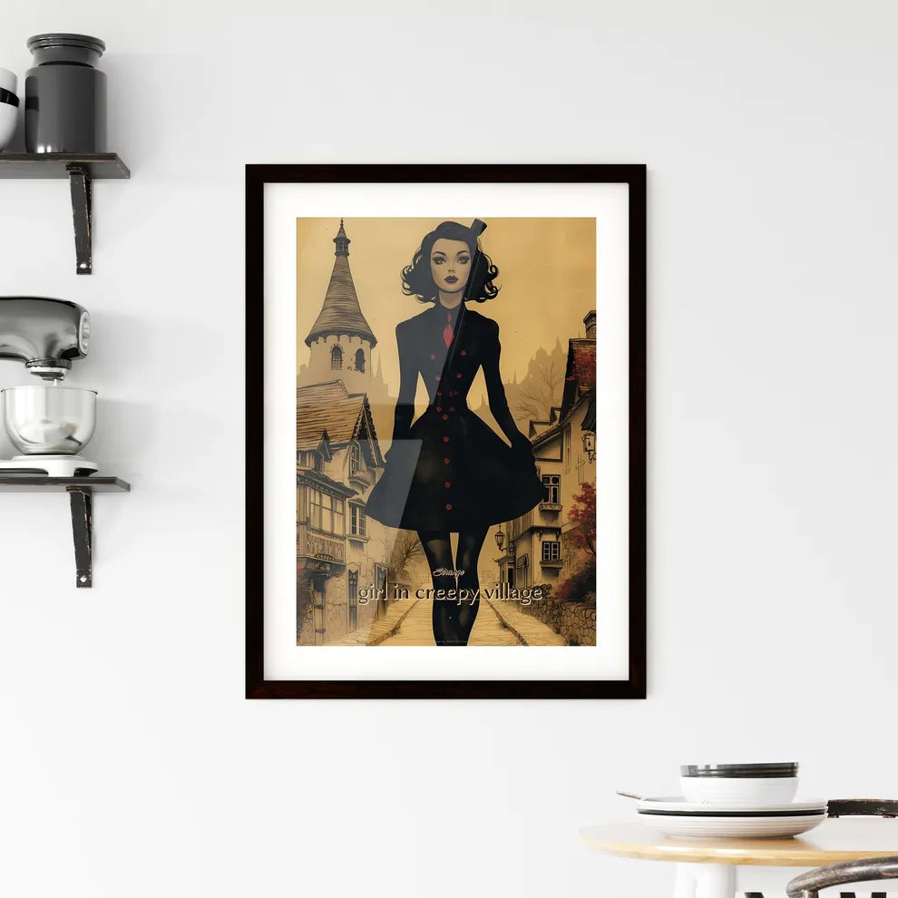 Strange, girl in creepy village, A Poster of a woman in a black coat walking down a street Custom Print
