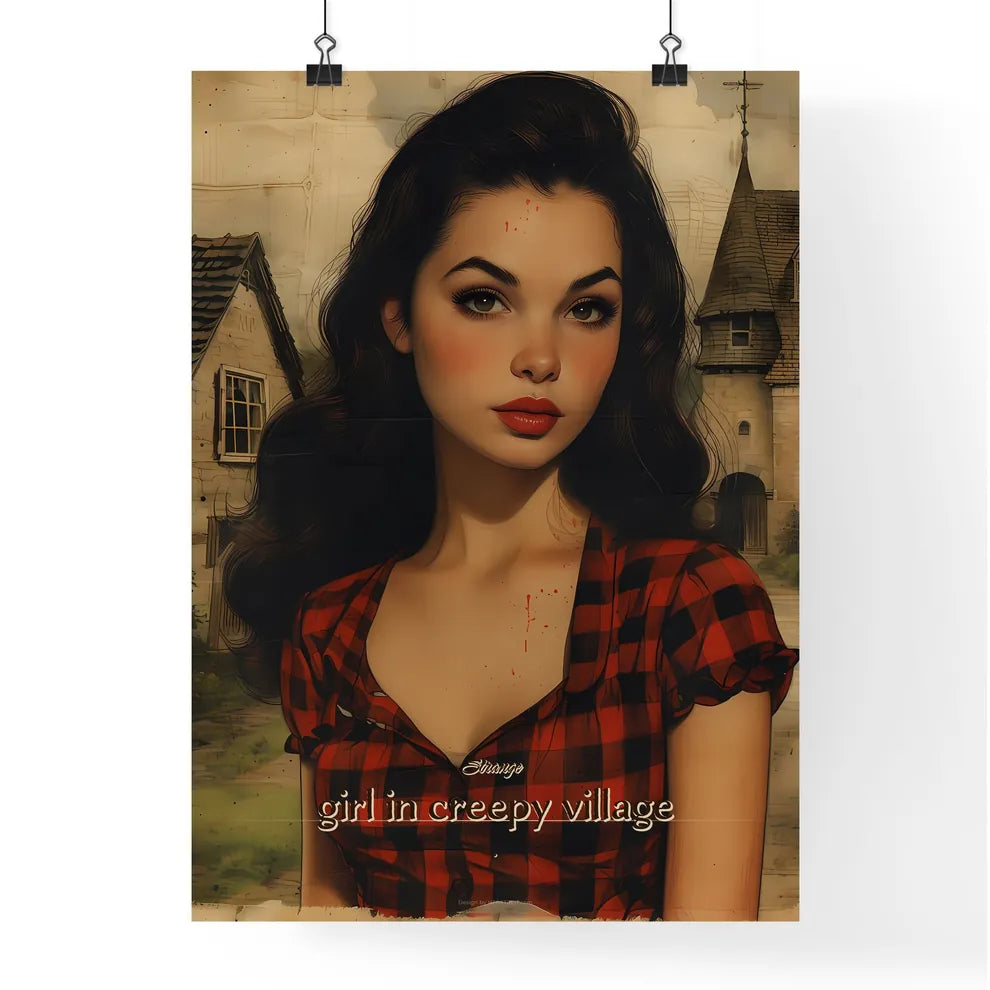 Strange, girl in creepy village, A Poster of a woman with long hair wearing a red and black plaid shirt Poster