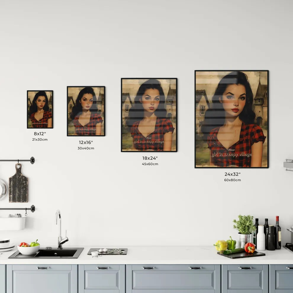 Strange, girl in creepy village, A Poster of a woman with long hair wearing a red and black plaid shirt Size Chart