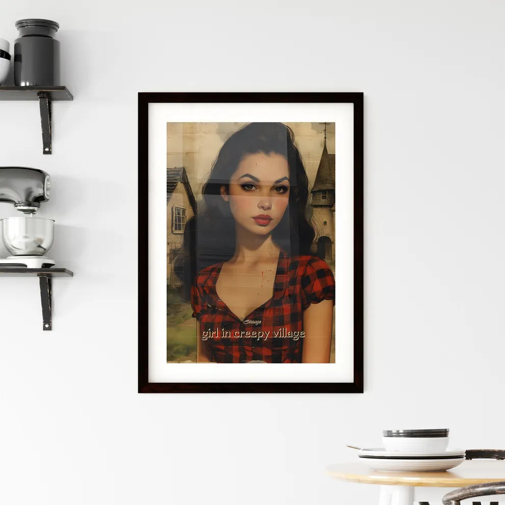 Strange, girl in creepy village, A Poster of a woman with long hair wearing a red and black plaid shirt Custom Print