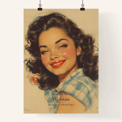 Rainy Day Paris, Woman, sweeping overdrawn lines, A Poster of a woman with curly hair and red lipstick smiling