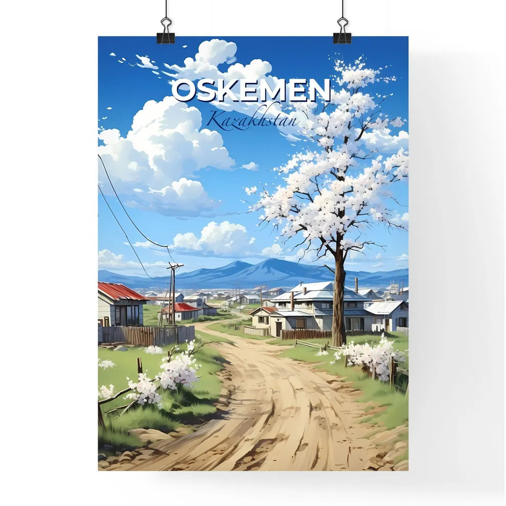Oskemen, Kazakhstan, A Poster of a dirt road with a tree and houses in the background Default Title
