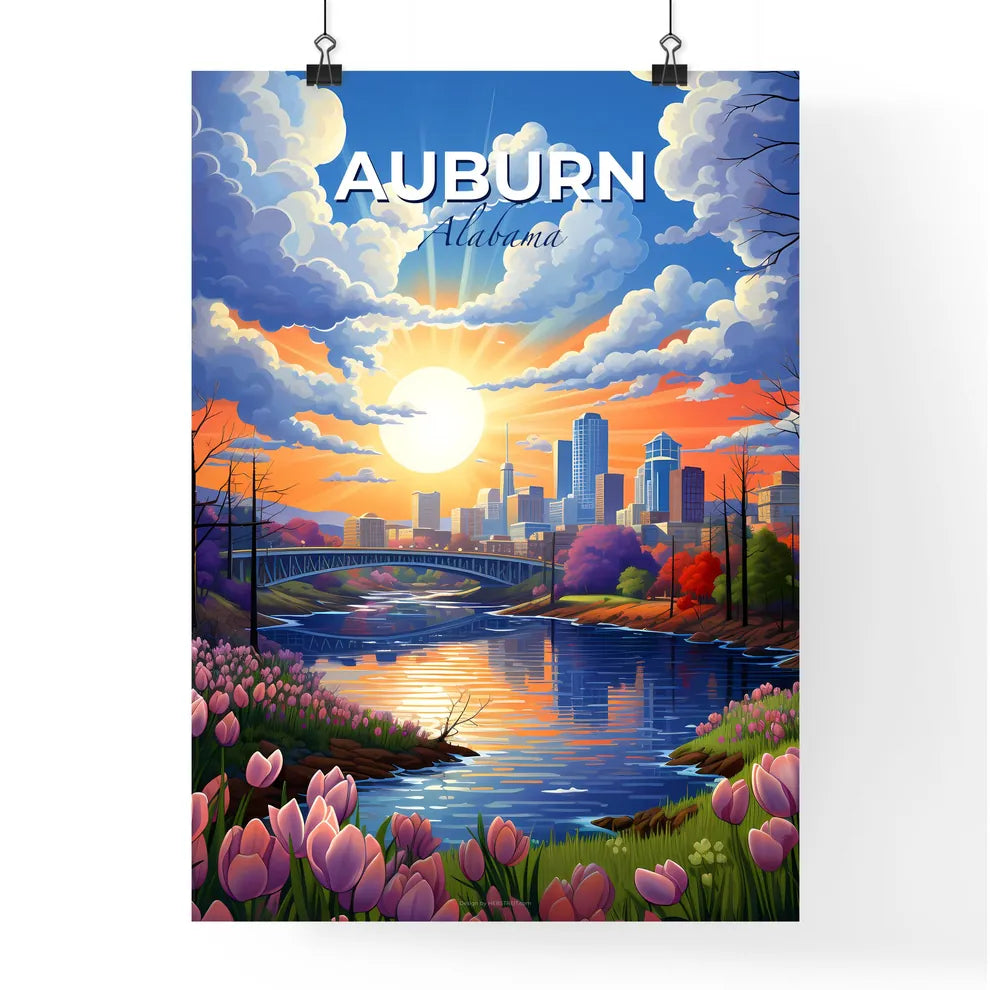 Auburn, Alabama, A Poster of a river with a bridge and flowers in front of a city Default Title