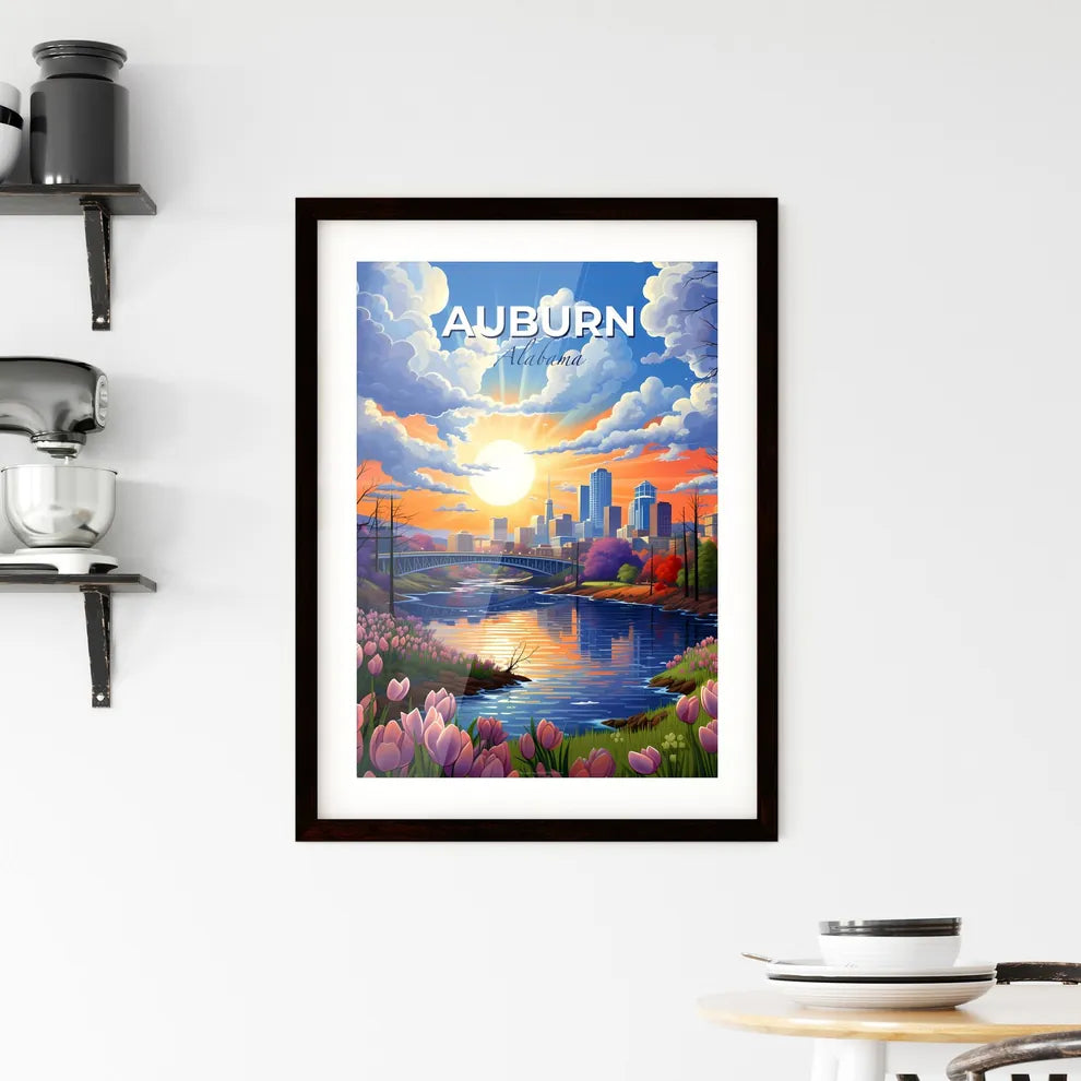 Auburn, Alabama, A Poster of a river with a bridge and flowers in front of a city Default Title