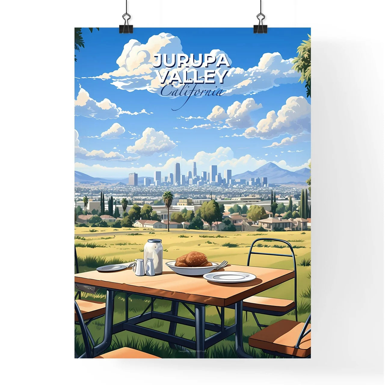 Jurupa Valley, California, A Poster of a table with plates and plates on it and a city in the background Default Title