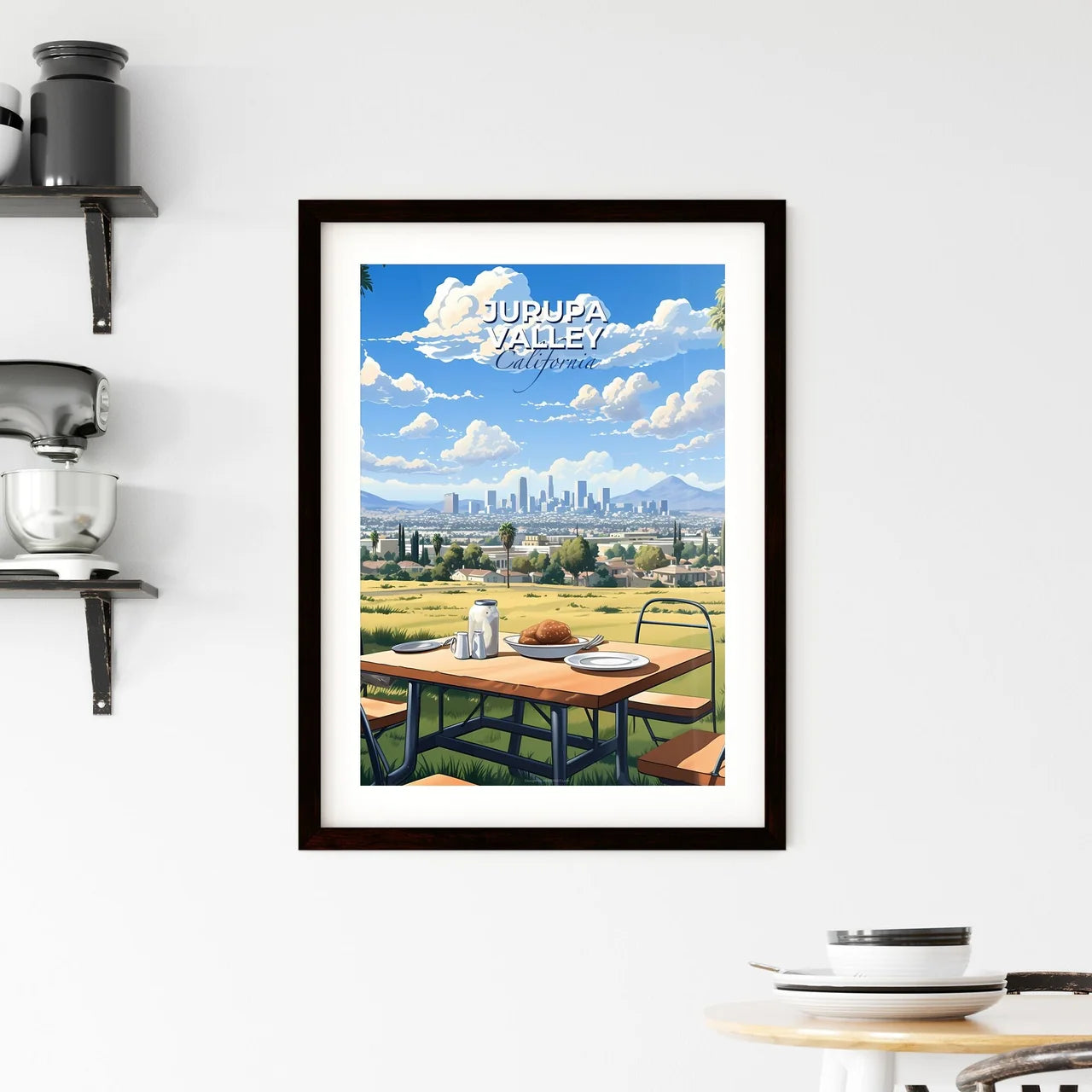 Jurupa Valley, California, A Poster of a table with plates and plates on it and a city in the background Default Title