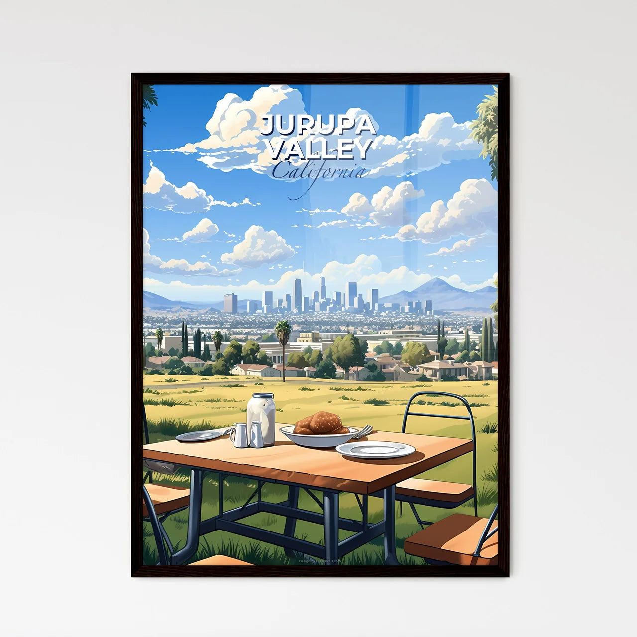 Jurupa Valley, California, A Poster of a table with plates and plates on it and a city in the background Default Title