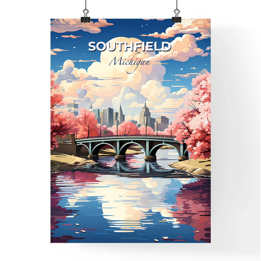 Southfield, Michigan, A Poster of a bridge over a river with pink trees Default Title
