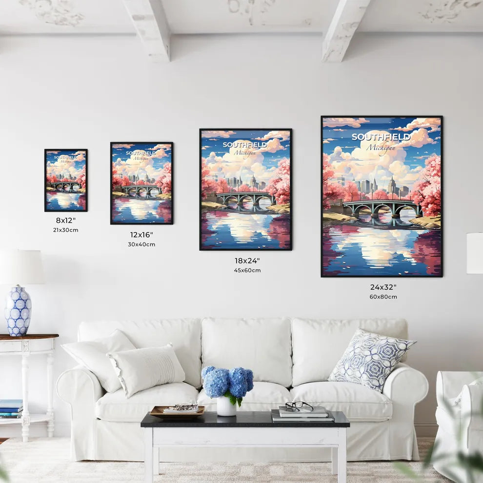 Southfield, Michigan, A Poster of a bridge over a river with pink trees Default Title