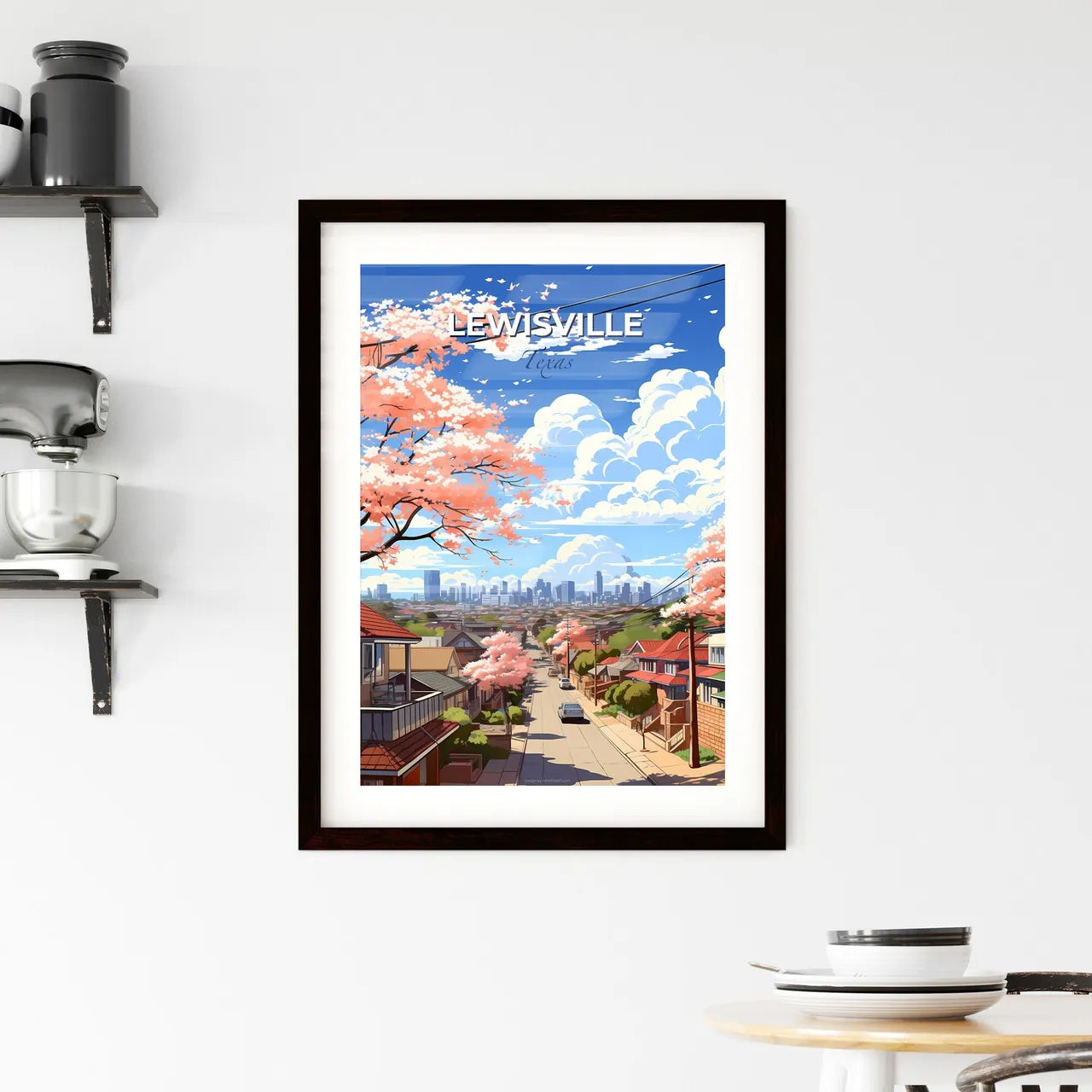 Lewisville, Texas, A Poster of a street with houses and trees in front of a city Default Title