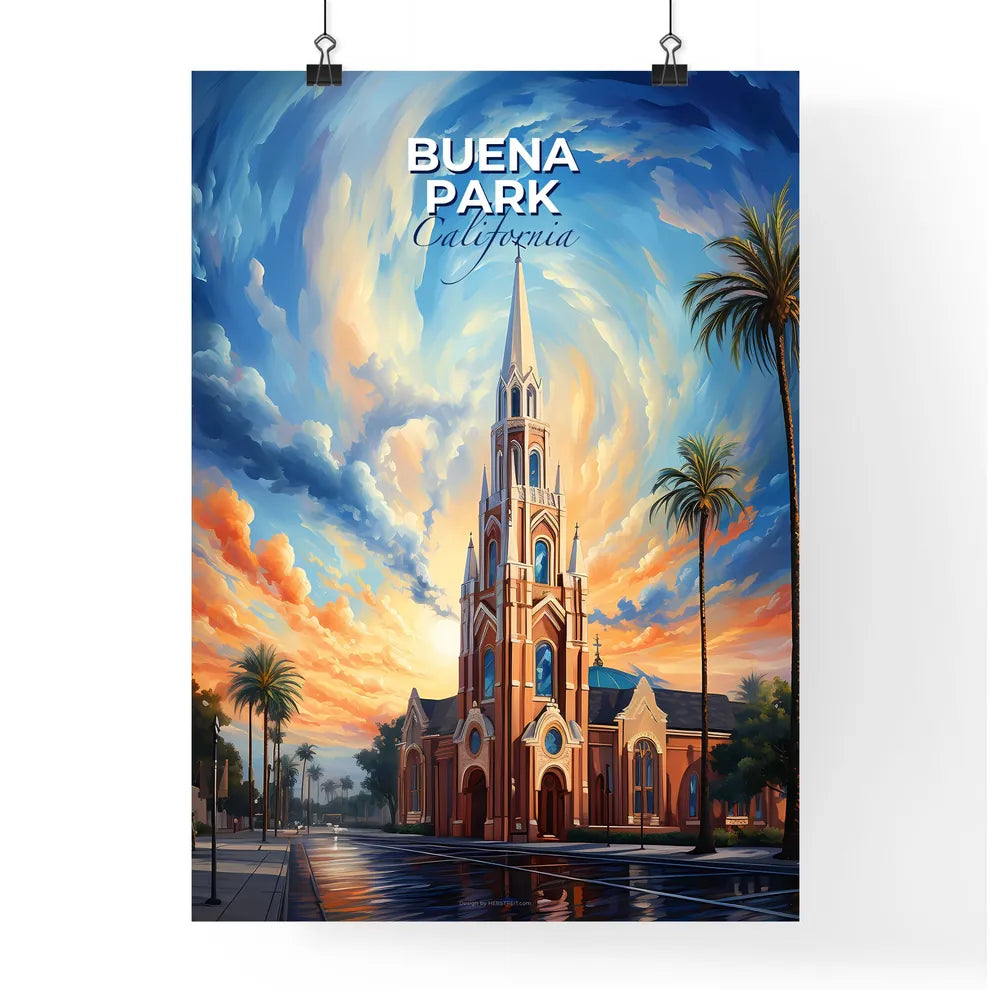 Buena Park, California, A Poster of a church with palm trees and a sunset sky Default Title