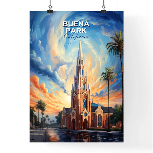 Buena Park, California, A Poster of a church with palm trees and a sunset sky Default Title