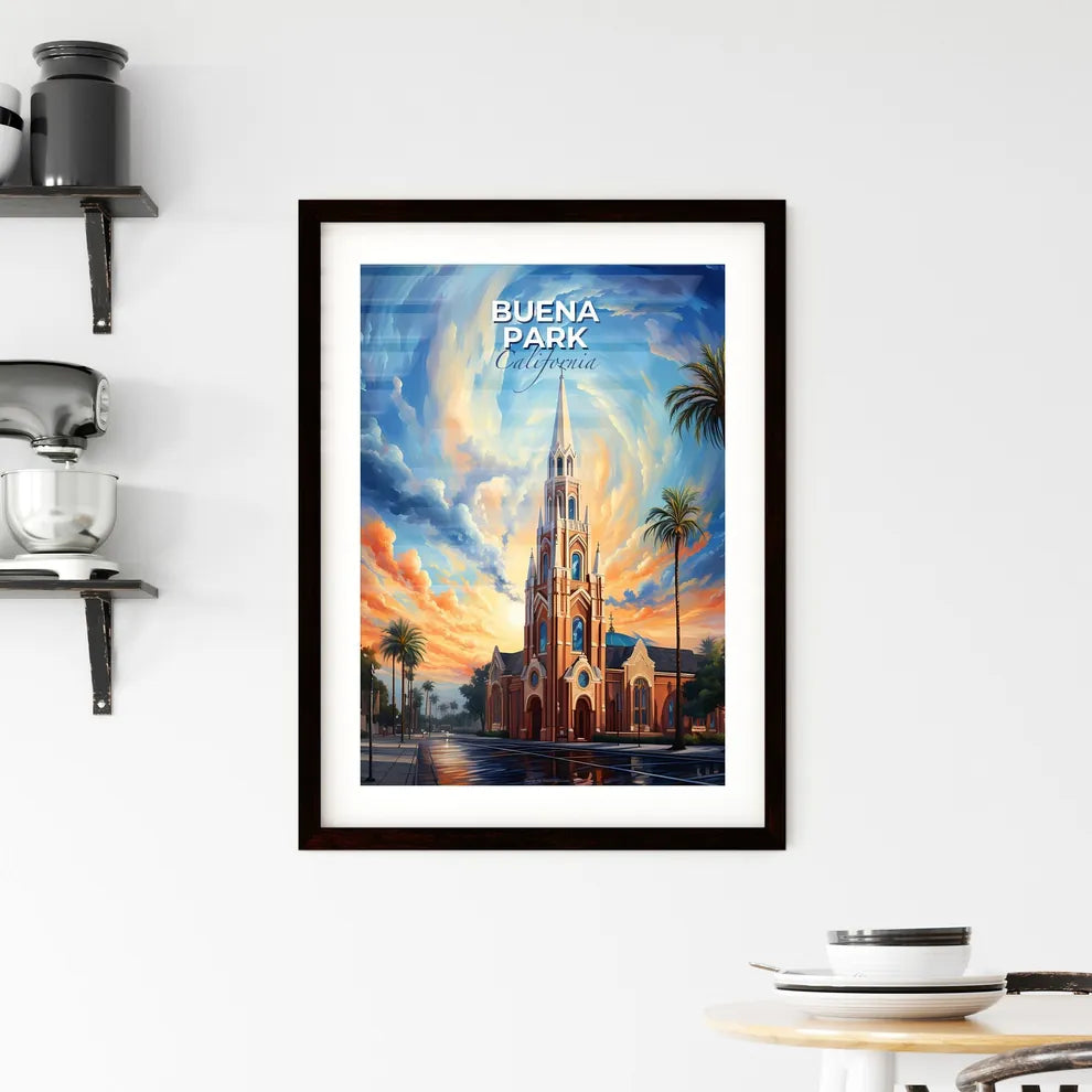 Buena Park, California, A Poster of a church with palm trees and a sunset sky Default Title