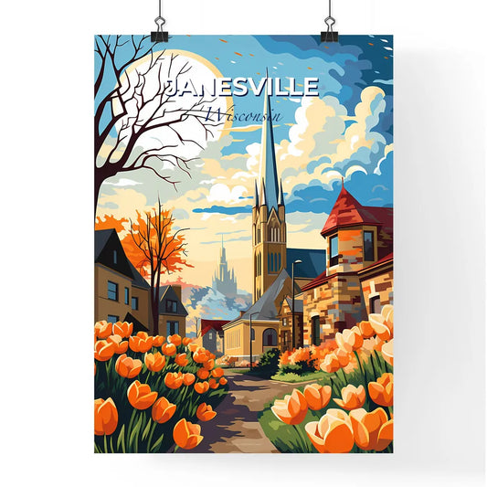 Janesville, Wisconsin, A Poster of a painting of a church and tulips Default Title