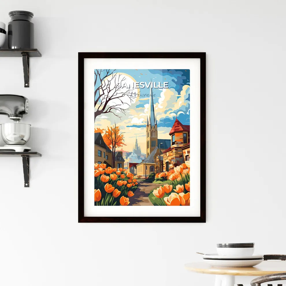Janesville, Wisconsin, A Poster of a painting of a church and tulips Default Title