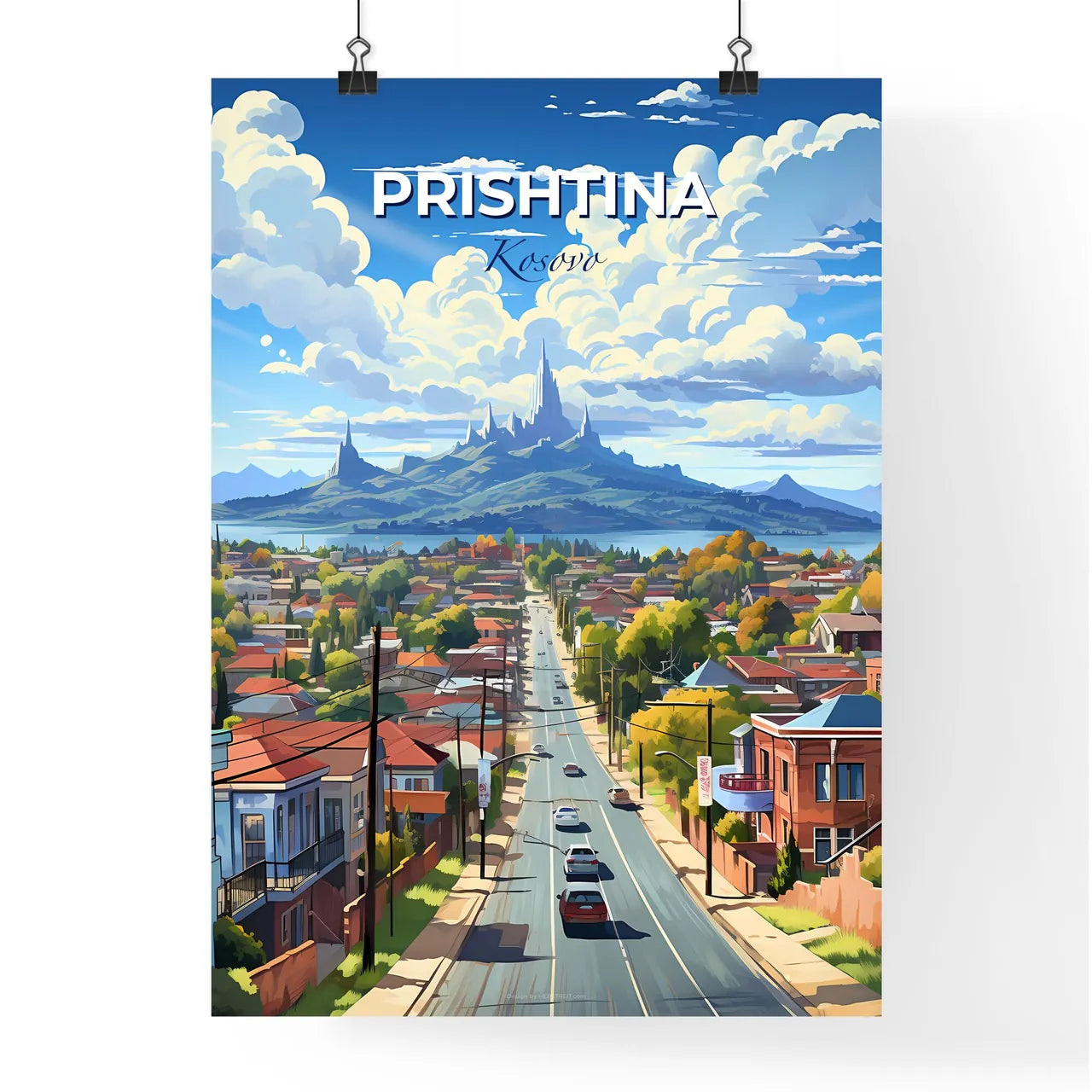 Prishtina, Kosovo, A Poster of a road with cars and buildings in the background Default Title