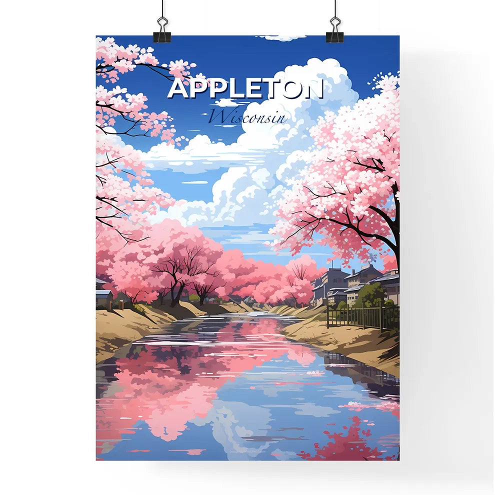 Appleton, Wisconsin, A Poster of a river with pink trees and houses Default Title