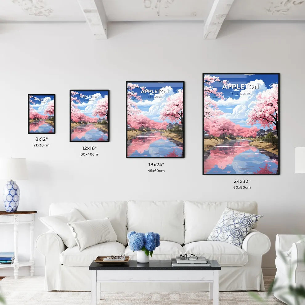 Appleton, Wisconsin, A Poster of a river with pink trees and houses Default Title
