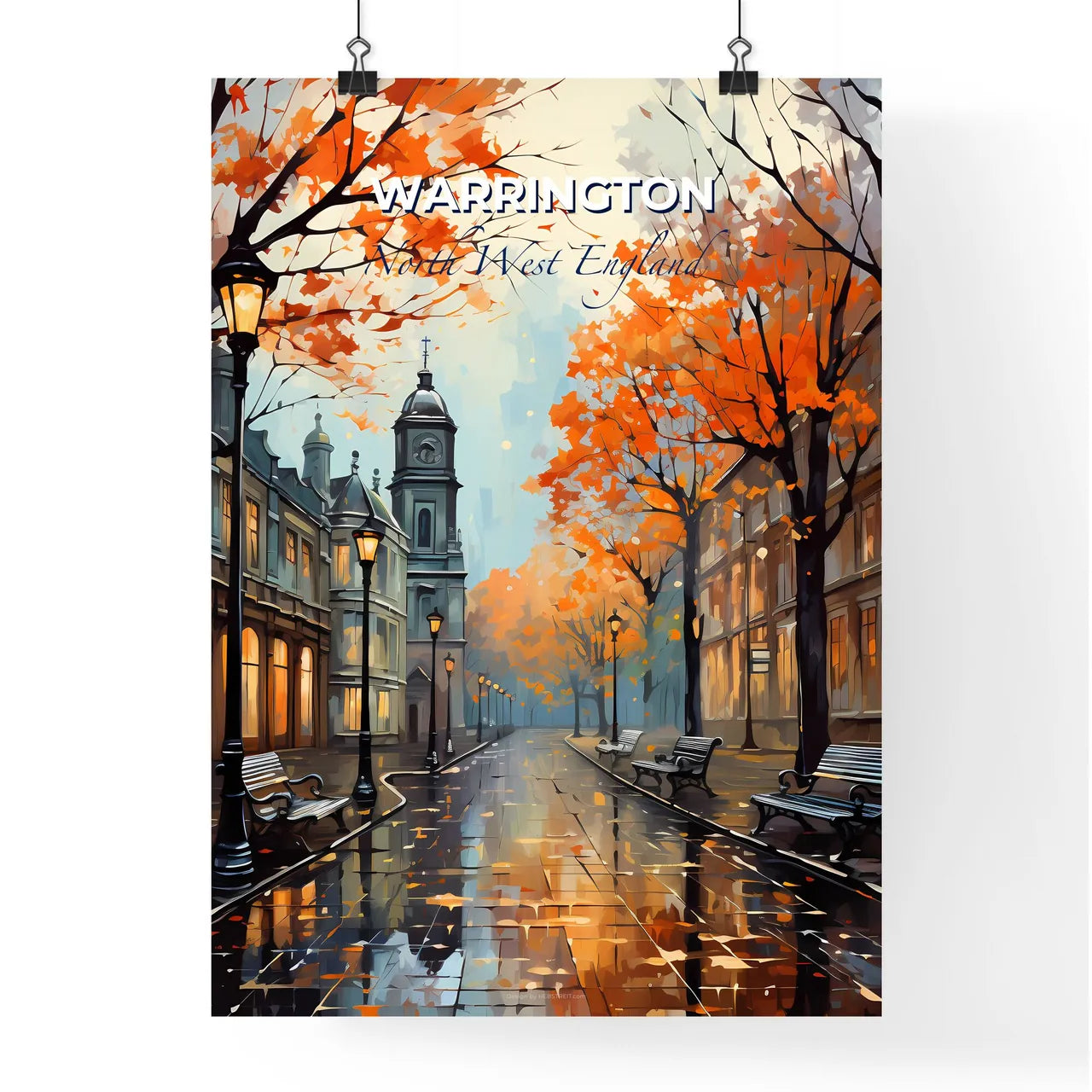 Warrington, North West England, A Poster of a street with benches and trees in front of a clock tower Default Title
