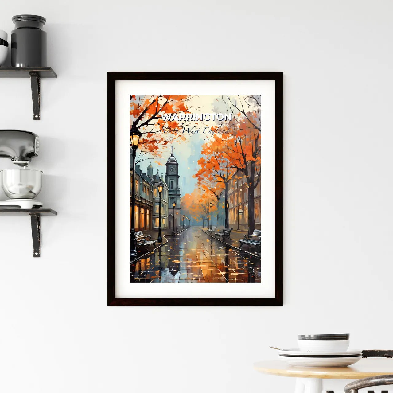 Warrington, North West England, A Poster of a street with benches and trees in front of a clock tower Default Title