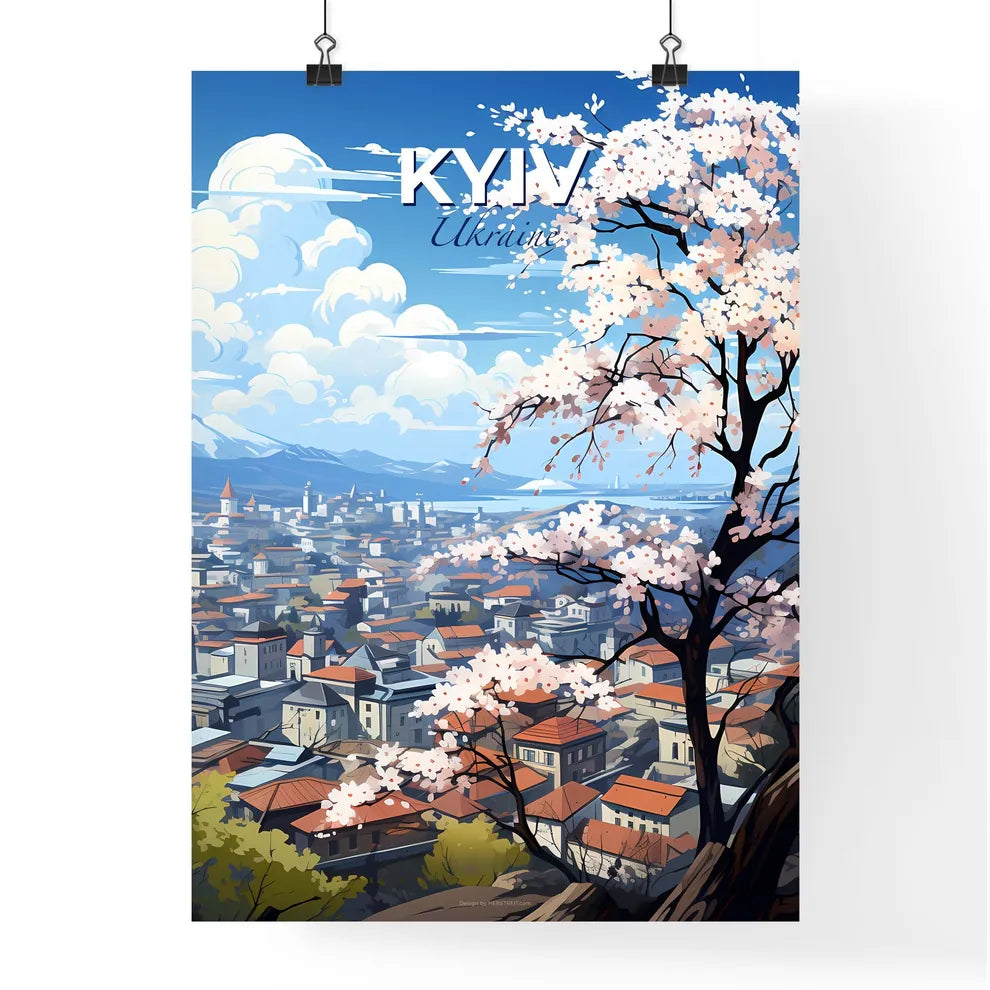Kyiv, Ukraine, A Poster of a tree with white flowers in front of a city Default Title