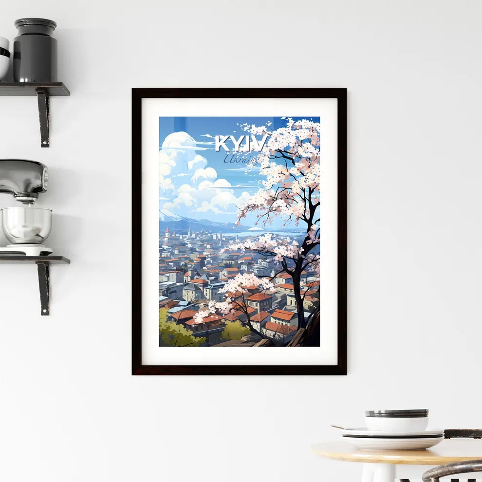 Kyiv, Ukraine, A Poster of a tree with white flowers in front of a city Default Title