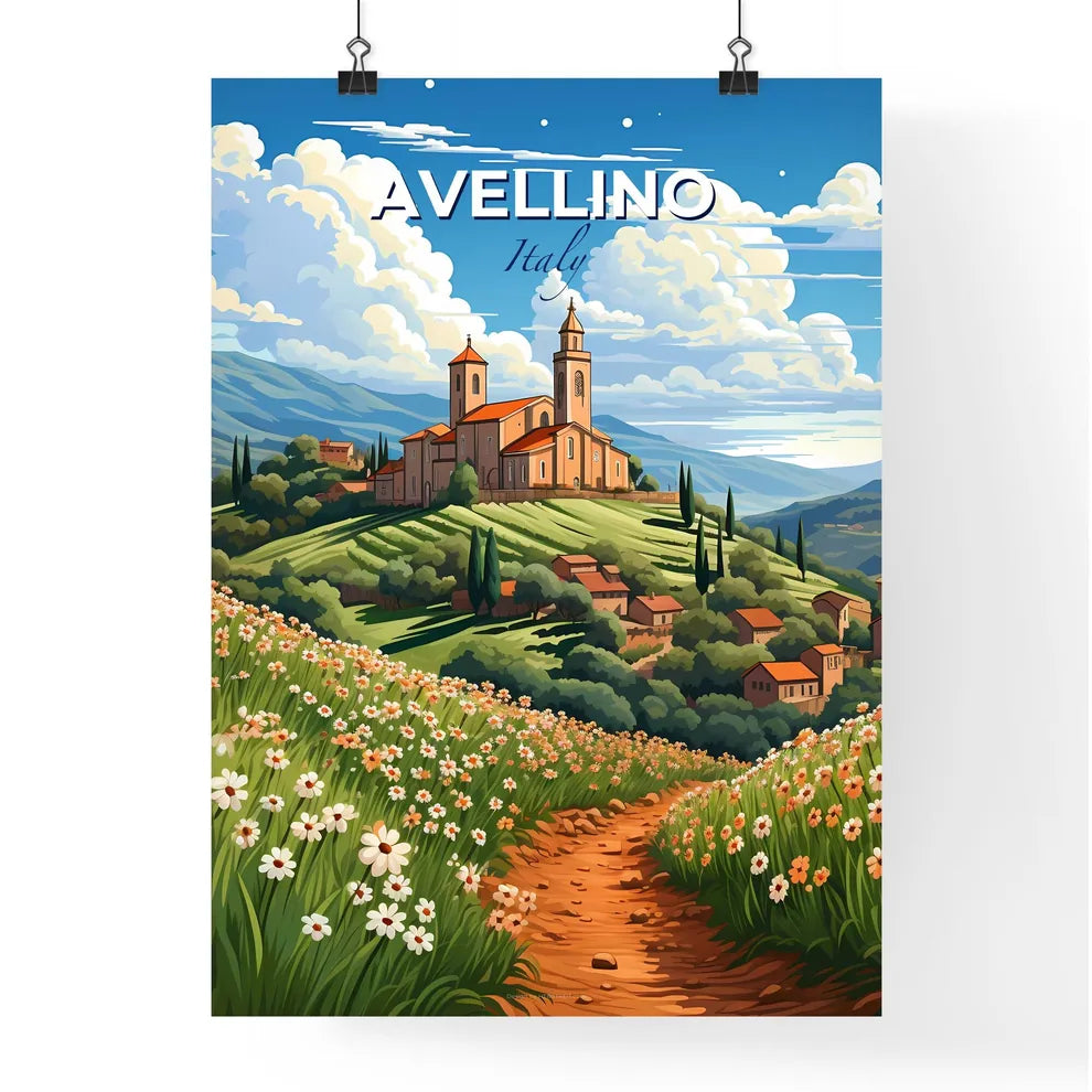 Avellino, Italy, A Poster of a landscape with a church and flowers Default Title