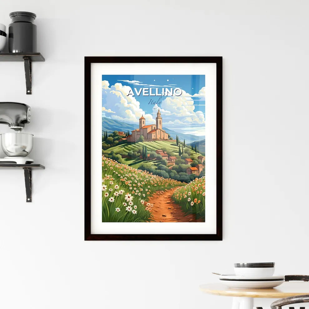 Avellino, Italy, A Poster of a landscape with a church and flowers Default Title