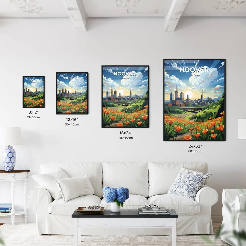 Hoover, Alabama, A Poster of a landscape with orange flowers and a city in the background Default Title